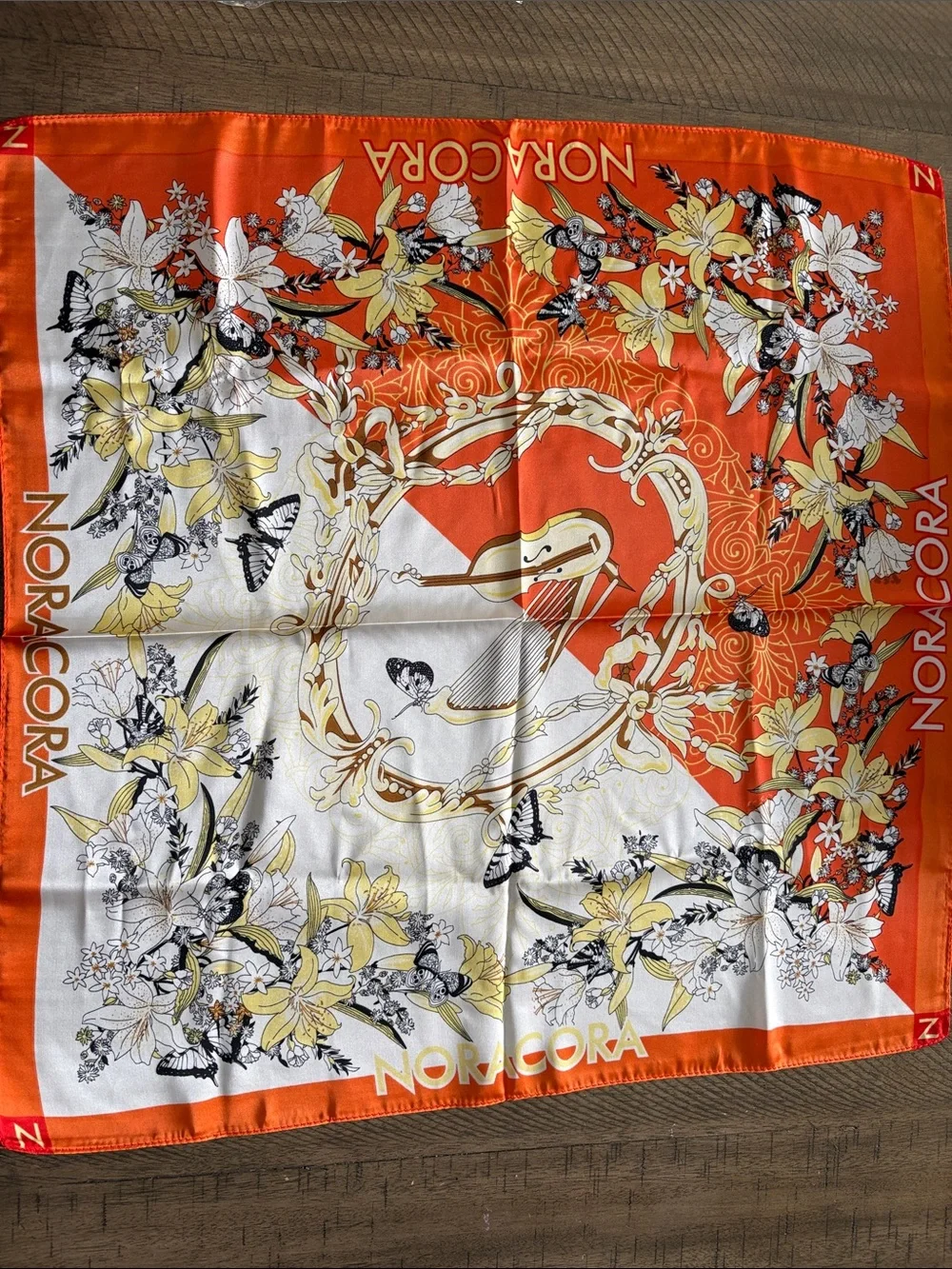 NORACORA Floral Silk-Feel Square Scarf in Orange, Yellow & White